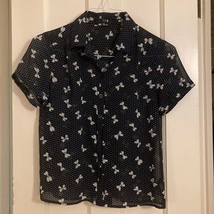 Polka dot and bows button down short sleeve blouse